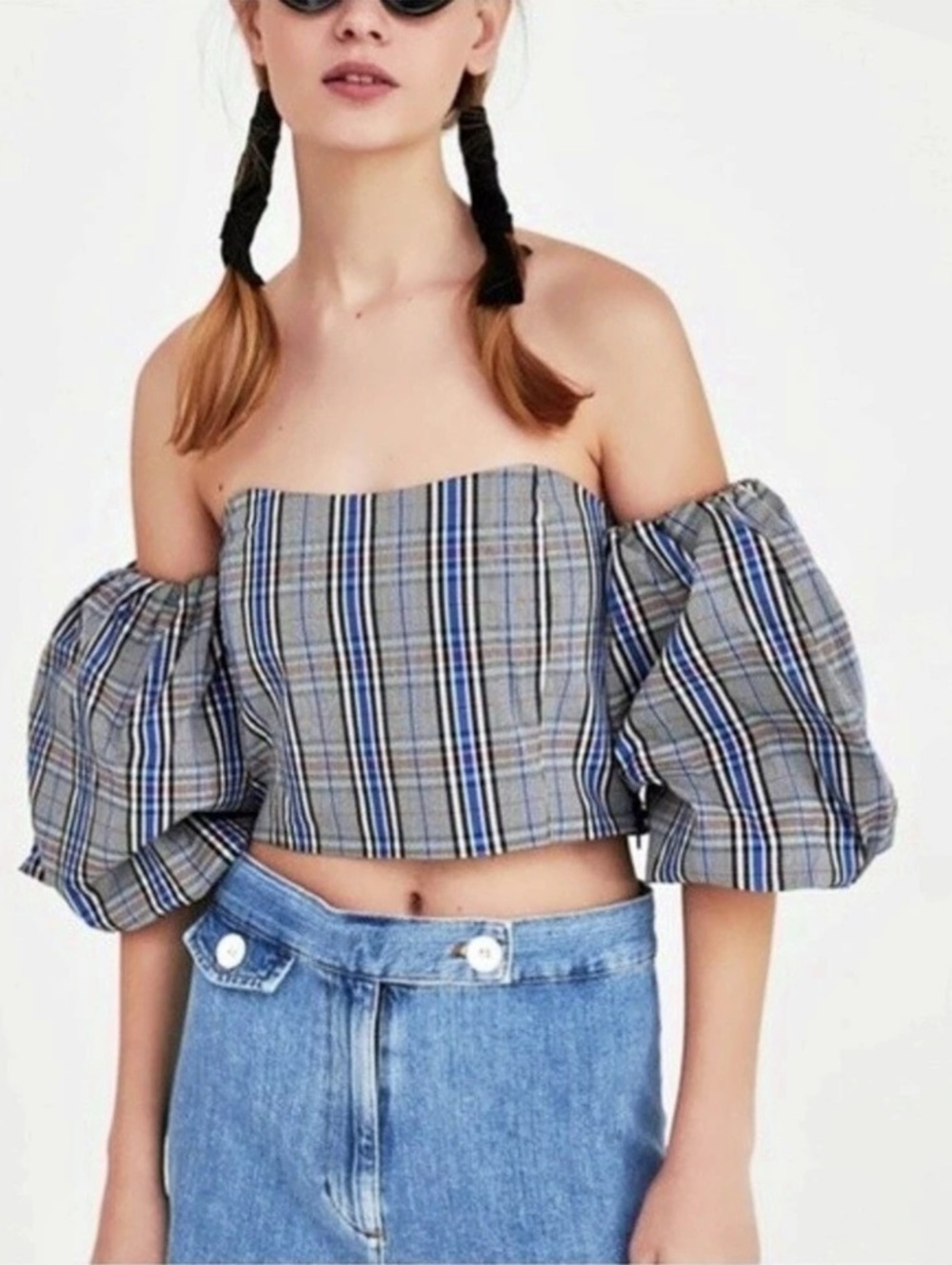 💕 ZARA plaid Corset Puff Sleeve Crop Top NEW size L off-white, black, blue, red